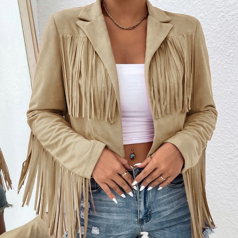 Boho Fringe Trim Open Front Jacket tan - Picture 3 of 5